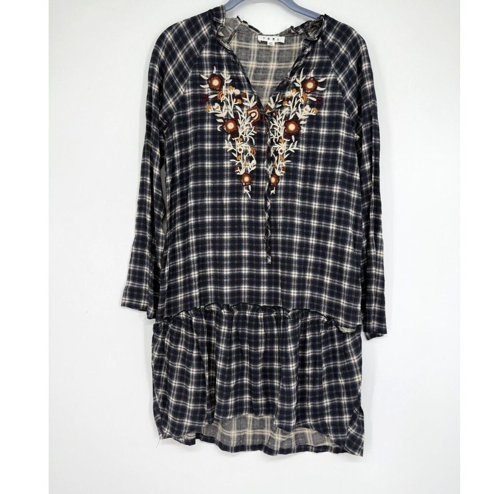 THML Embroidered Flannel Print Boho Black Dress Size XS